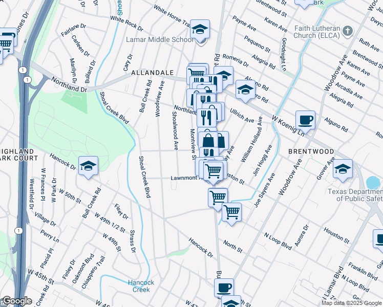 map of restaurants, bars, coffee shops, grocery stores, and more near 5422 Montview Street in Austin