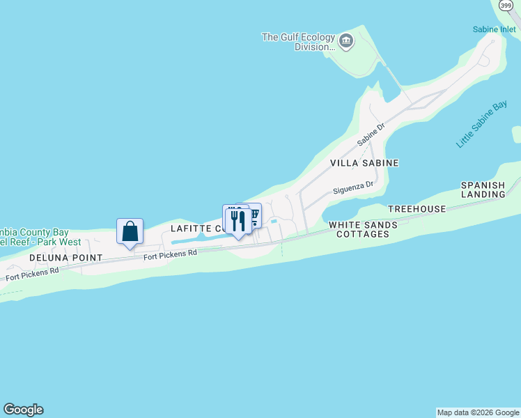 map of restaurants, bars, coffee shops, grocery stores, and more near 113 Le Port Drive in Pensacola Beach