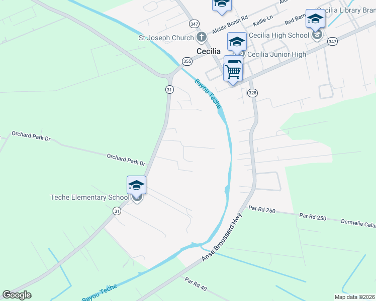 map of restaurants, bars, coffee shops, grocery stores, and more near 1026 Brown Drive in Breaux Bridge