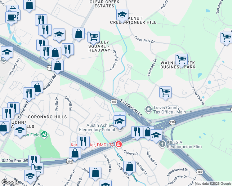map of restaurants, bars, coffee shops, grocery stores, and more near 2104 East Anderson Lane in Austin
