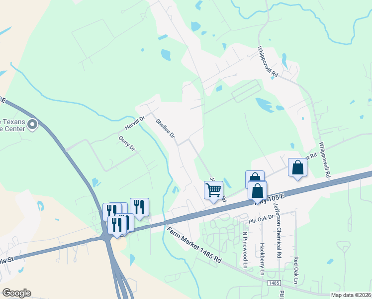 map of restaurants, bars, coffee shops, grocery stores, and more near 763 Jeffcote Road in Conroe