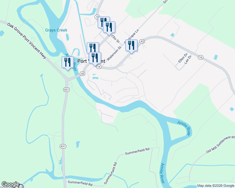 map of restaurants, bars, coffee shops, grocery stores, and more near 14424 Samantha Drive in Port Vincent