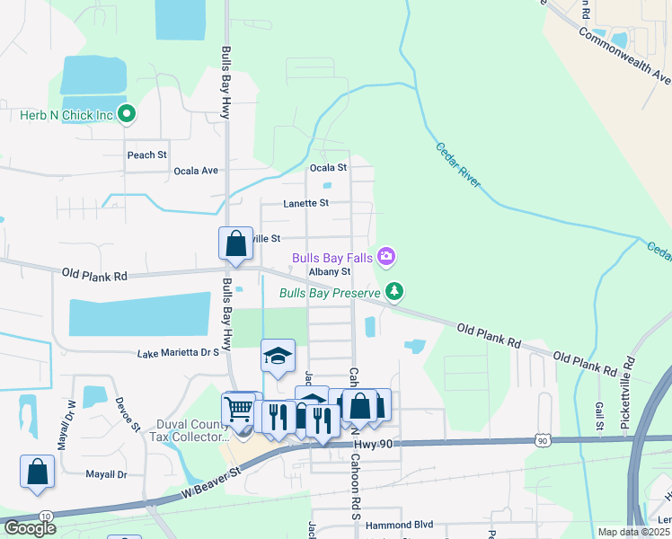 map of restaurants, bars, coffee shops, grocery stores, and more near 8103 Albany Street in Jacksonville