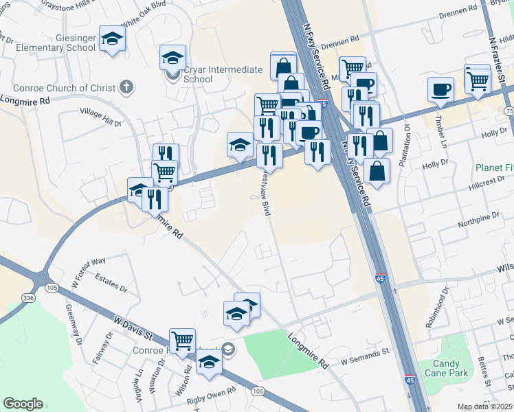 map of restaurants, bars, coffee shops, grocery stores, and more near 1935 Westview Boulevard in Conroe
