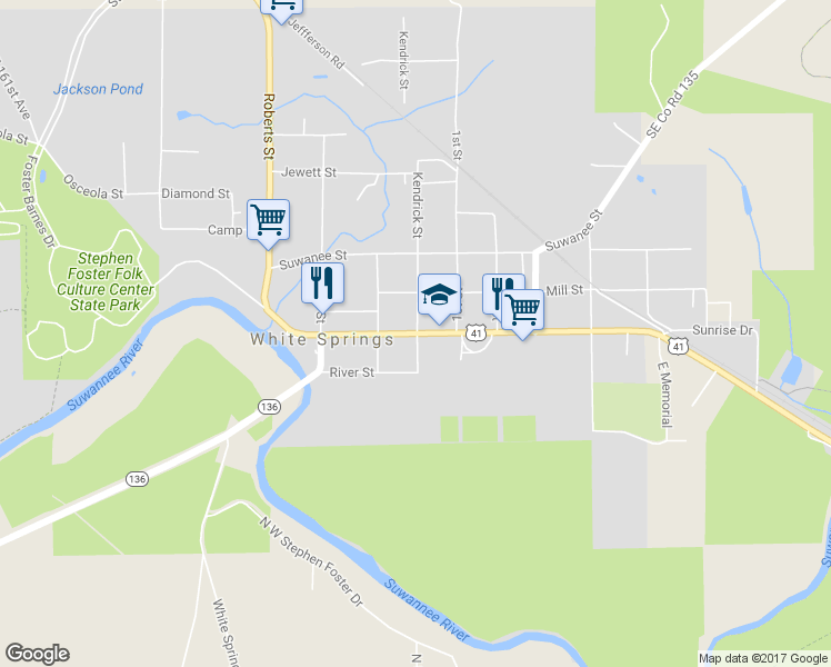 map of restaurants, bars, coffee shops, grocery stores, and more near 16870 Spring Street in White Springs