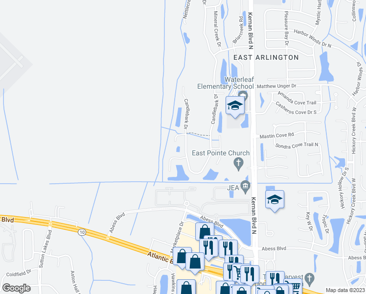 map of restaurants, bars, coffee shops, grocery stores, and more near 317 Candlebark Drive in Jacksonville