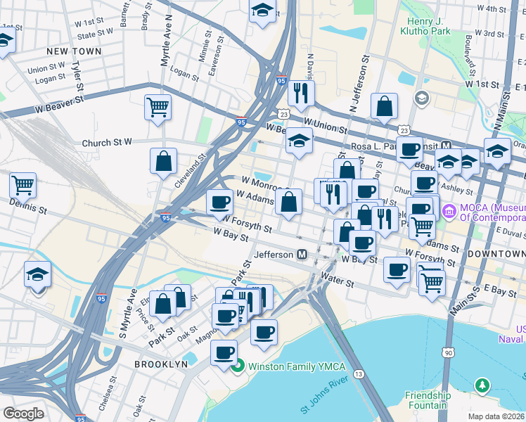 map of restaurants, bars, coffee shops, grocery stores, and more near 125 Lee Street in Jacksonville