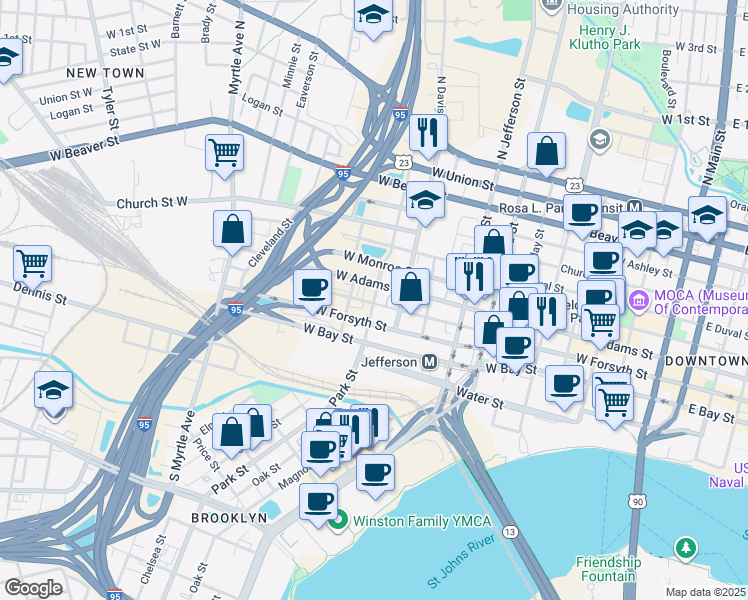 map of restaurants, bars, coffee shops, grocery stores, and more near 125 Lee Street in Jacksonville