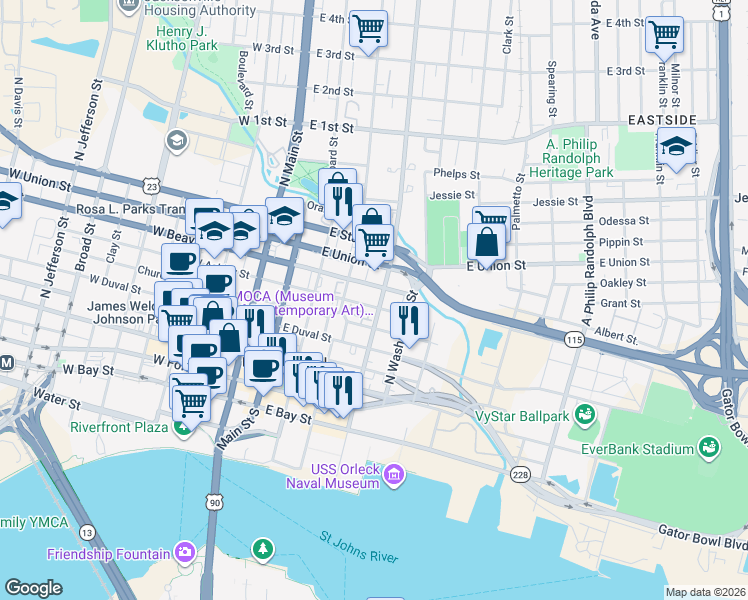 map of restaurants, bars, coffee shops, grocery stores, and more near in Jacksonville