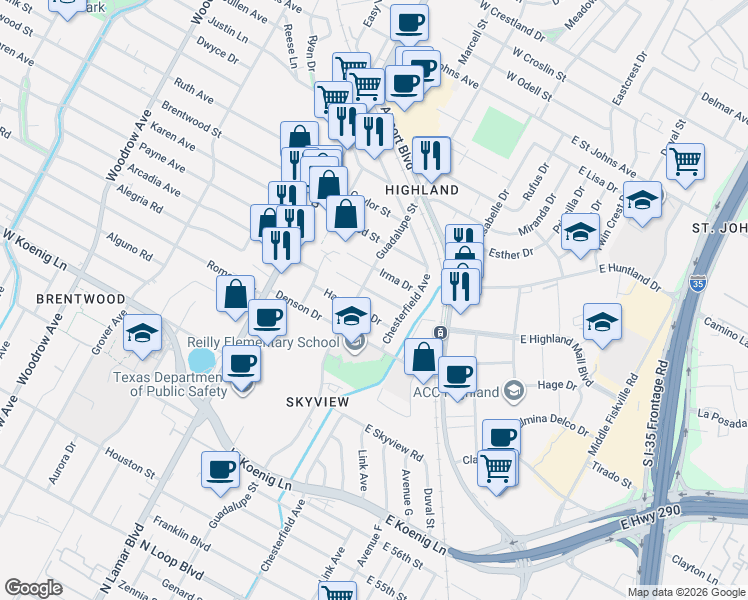 map of restaurants, bars, coffee shops, grocery stores, and more near 409 Wilmes Drive in Austin