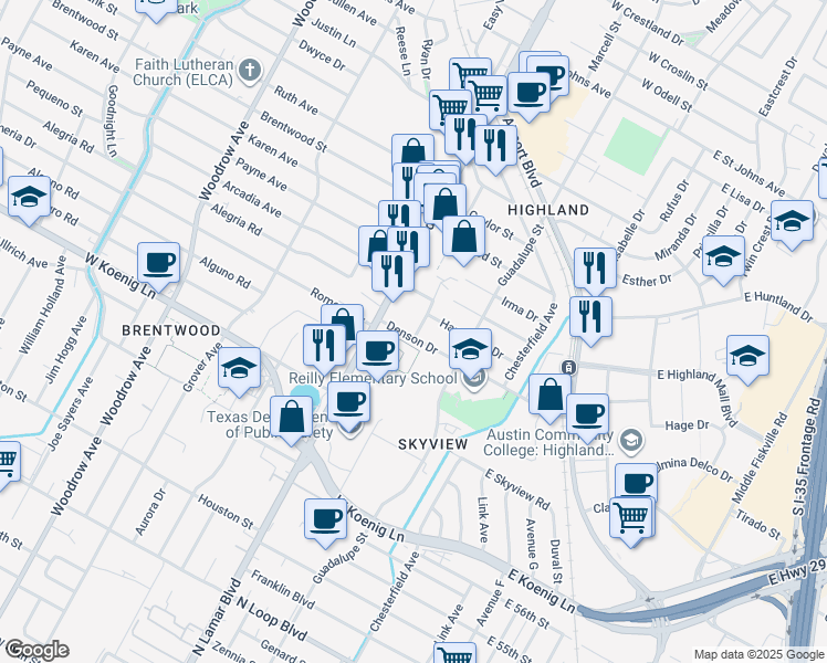 map of restaurants, bars, coffee shops, grocery stores, and more near 618 Hammack Drive in Austin