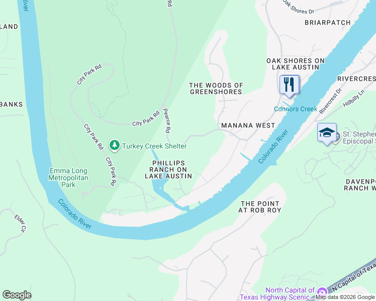 map of restaurants, bars, coffee shops, grocery stores, and more near 2465 Pearce Road in Austin