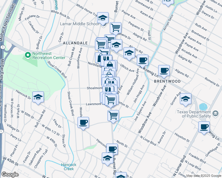 map of restaurants, bars, coffee shops, grocery stores, and more near 5441 1/2 Burnet Road in Austin