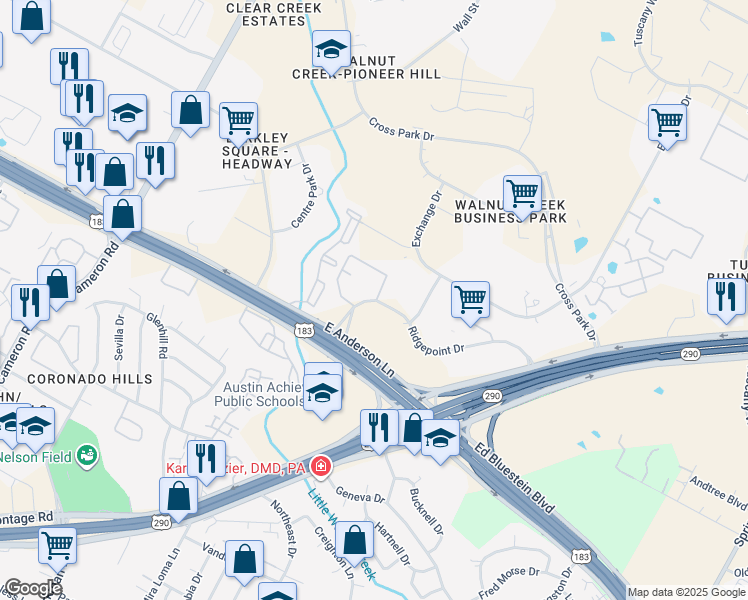 map of restaurants, bars, coffee shops, grocery stores, and more near 2300 Ridgepoint Drive in Austin
