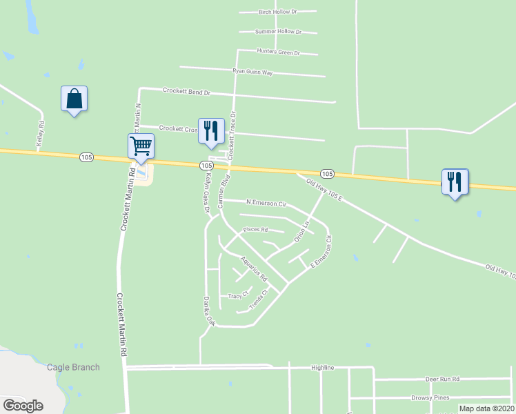 map of restaurants, bars, coffee shops, grocery stores, and more near 16458 North Emerson Circle in Conroe