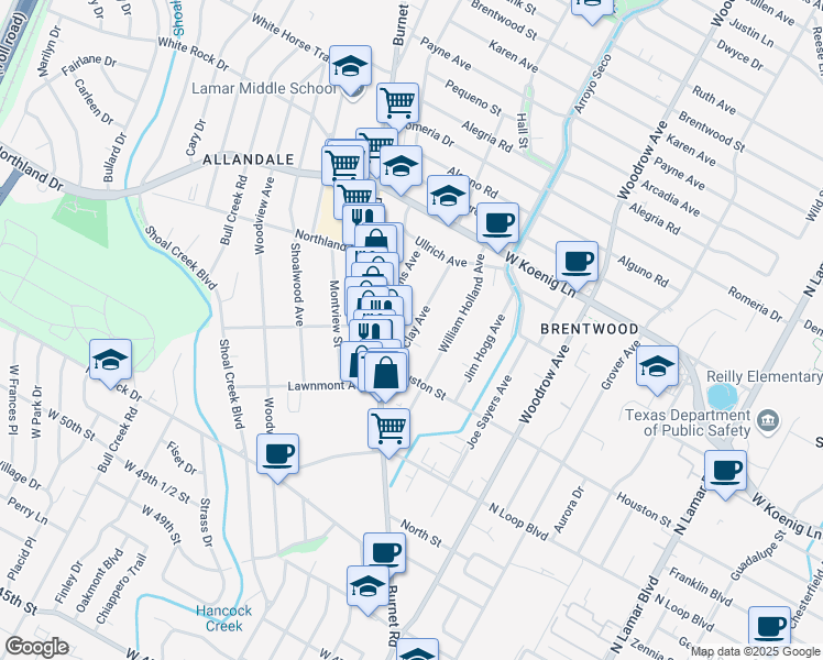 map of restaurants, bars, coffee shops, grocery stores, and more near 5512 1/2 Clay Avenue in Austin
