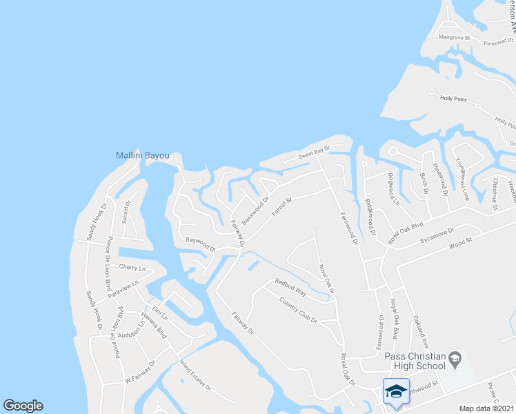 map of restaurants, bars, coffee shops, grocery stores, and more near Basswood Drive in Pass Christian