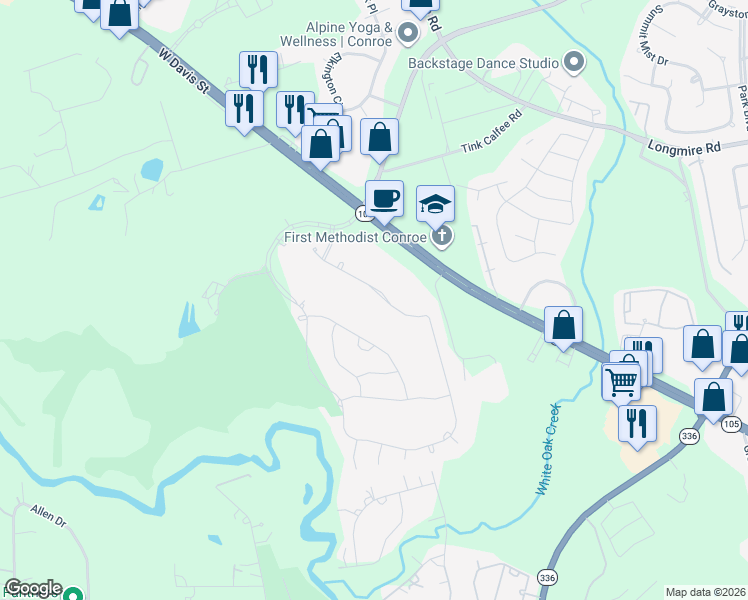 map of restaurants, bars, coffee shops, grocery stores, and more near 1615 Cafe Dumonde in Conroe