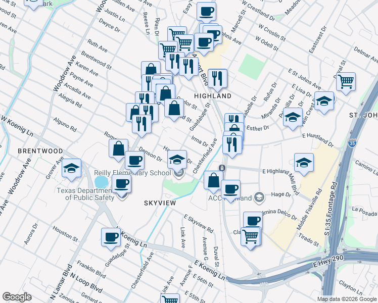 map of restaurants, bars, coffee shops, grocery stores, and more near 409 Wilmes Drive in Austin