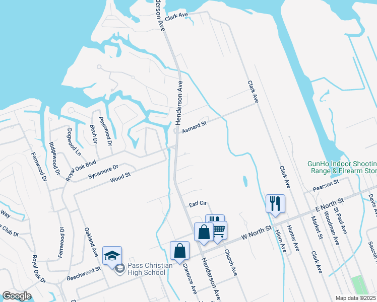 map of restaurants, bars, coffee shops, grocery stores, and more near 8 Castle Street in Pass Christian