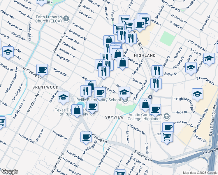 map of restaurants, bars, coffee shops, grocery stores, and more near 618 Hammack Drive in Austin