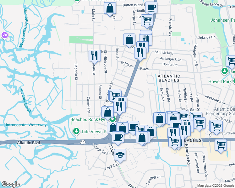 map of restaurants, bars, coffee shops, grocery stores, and more near 42 West 8th Street in Atlantic Beach