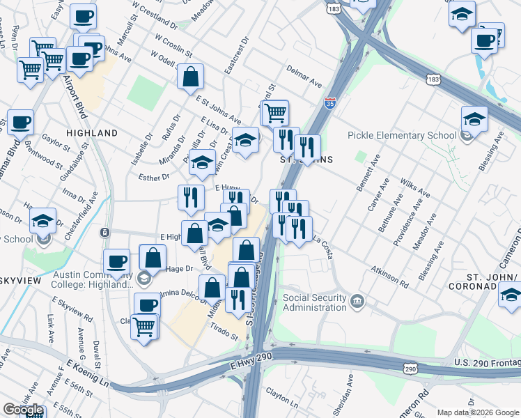map of restaurants, bars, coffee shops, grocery stores, and more near 617 E Huntland Dr in Austin