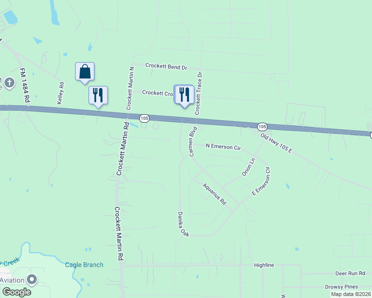 map of restaurants, bars, coffee shops, grocery stores, and more near 122 Carmen Boulevard in Conroe