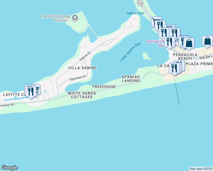 map of restaurants, bars, coffee shops, grocery stores, and more near 374 Fort Pickens Road in Pensacola Beach