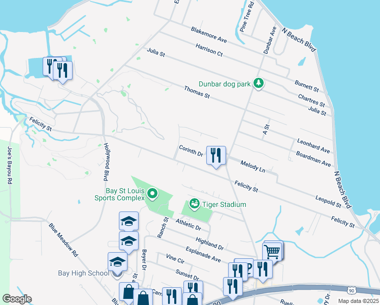 map of restaurants, bars, coffee shops, grocery stores, and more near 224 Corinth Dr in Bay St Louis