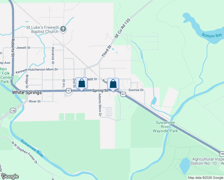 map of restaurants, bars, coffee shops, grocery stores, and more near 16816 Spring Street in White Springs