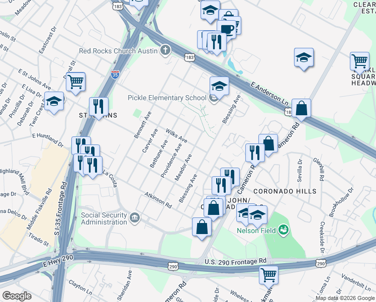 map of restaurants, bars, coffee shops, grocery stores, and more near 7211 Providence Avenue in Austin