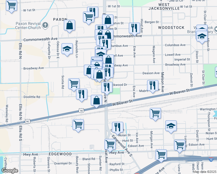 map of restaurants, bars, coffee shops, grocery stores, and more near 687 Edgewood Avenue North in Jacksonville