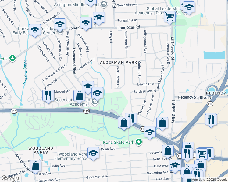 map of restaurants, bars, coffee shops, grocery stores, and more near 8114 South Parkridge Circle in Jacksonville