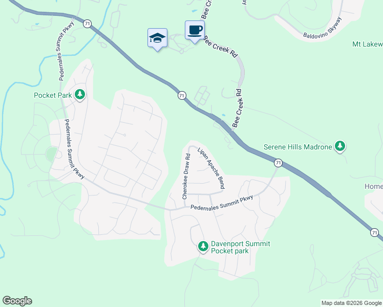 map of restaurants, bars, coffee shops, grocery stores, and more near 5413 Cherokee Draw Road in Austin