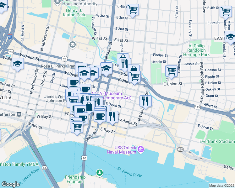 map of restaurants, bars, coffee shops, grocery stores, and more near 525 North Newnan Street in Jacksonville