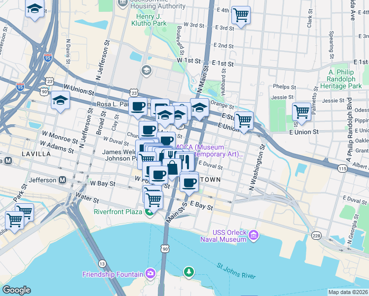 map of restaurants, bars, coffee shops, grocery stores, and more near N Main St & W Church St in Jacksonville