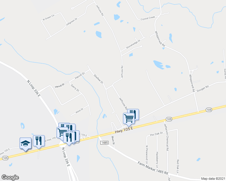 map of restaurants, bars, coffee shops, grocery stores, and more near 763 Jeffcote Road in Conroe