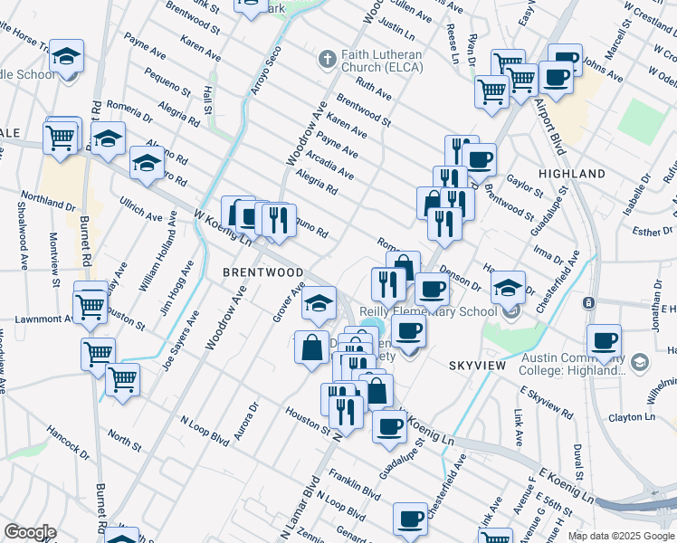 map of restaurants, bars, coffee shops, grocery stores, and more near 5908 Aurora Drive in Austin
