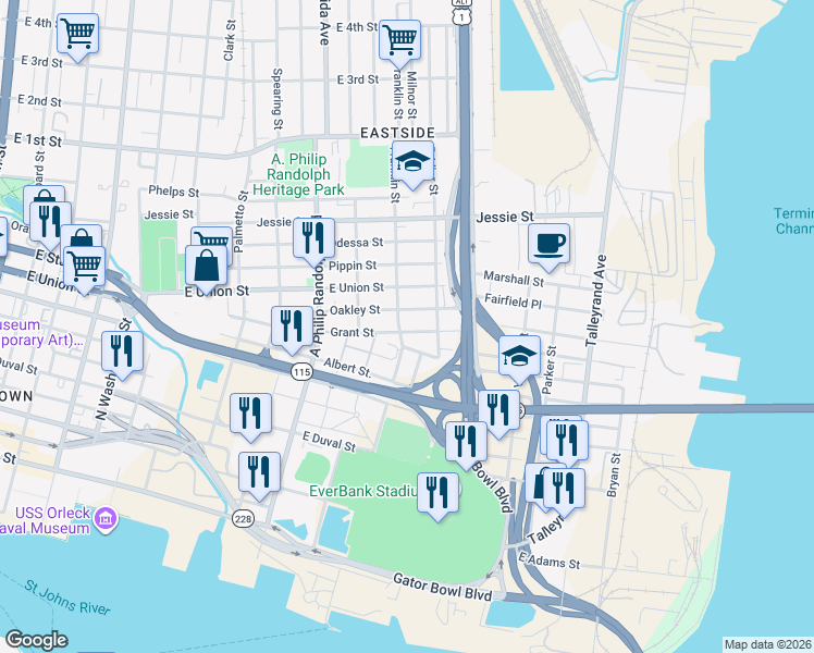 map of restaurants, bars, coffee shops, grocery stores, and more near 1201 Grant Street in Jacksonville