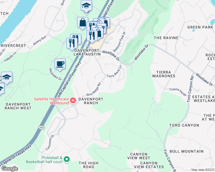 map of restaurants, bars, coffee shops, grocery stores, and more near 3408 Day Star Cove in Austin