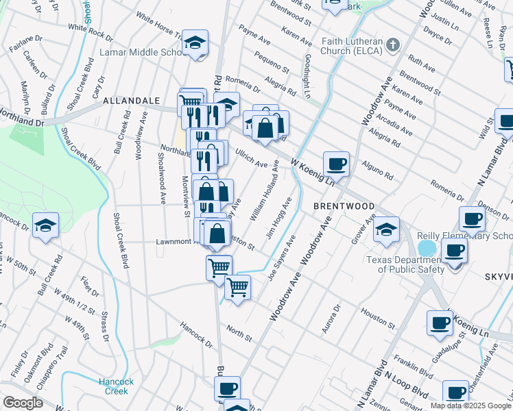map of restaurants, bars, coffee shops, grocery stores, and more near 5606 William Holland Avenue in Austin