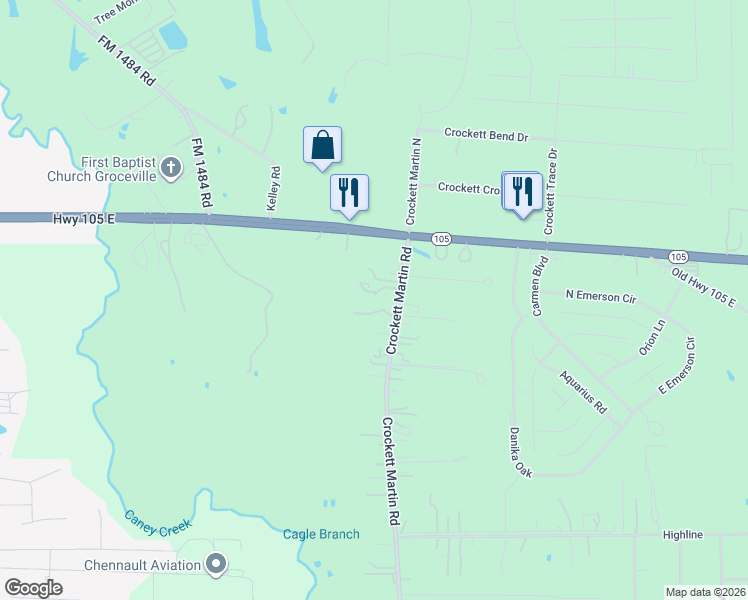 map of restaurants, bars, coffee shops, grocery stores, and more near 648 Crockett Martin Road in Conroe