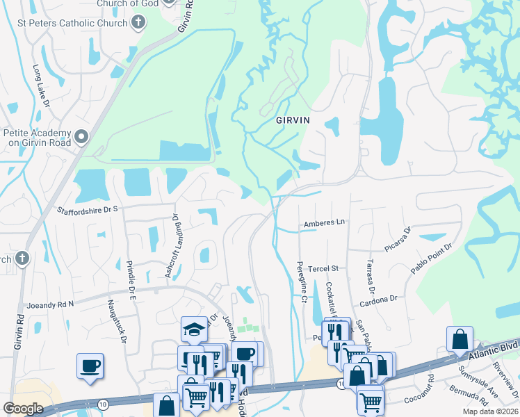 map of restaurants, bars, coffee shops, grocery stores, and more near 488 Blagdon Court in Jacksonville