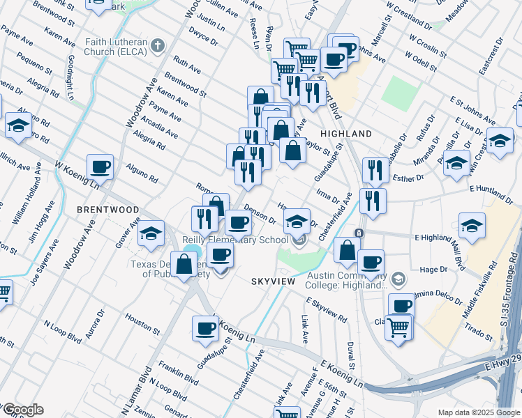 map of restaurants, bars, coffee shops, grocery stores, and more near 618 Hammack Drive in Austin