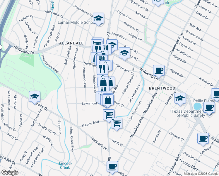 map of restaurants, bars, coffee shops, grocery stores, and more near 5441 1/2 Burnet Road in Austin