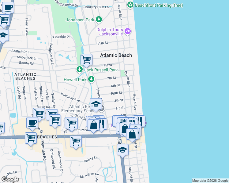map of restaurants, bars, coffee shops, grocery stores, and more near 333 Fifth Street in Atlantic Beach