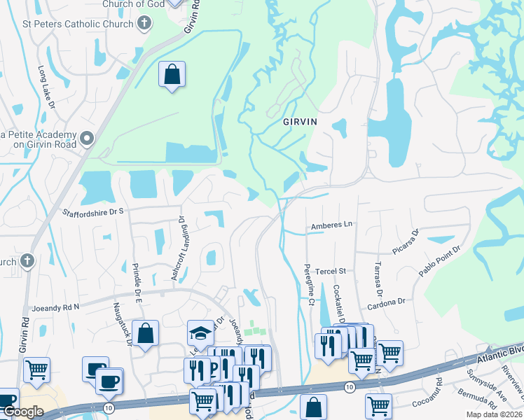 map of restaurants, bars, coffee shops, grocery stores, and more near 488 Blagdon Court in Jacksonville