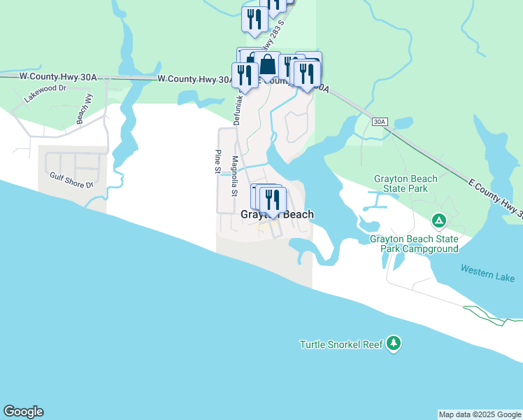 map of restaurants, bars, coffee shops, grocery stores, and more near 505 Defuniak Street in Santa Rosa Beach