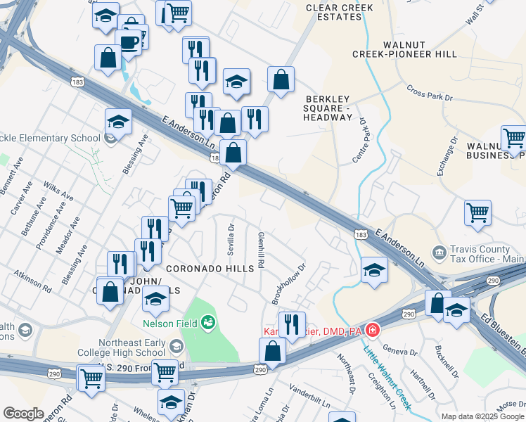 map of restaurants, bars, coffee shops, grocery stores, and more near 7606 Glenhill Cove in Austin